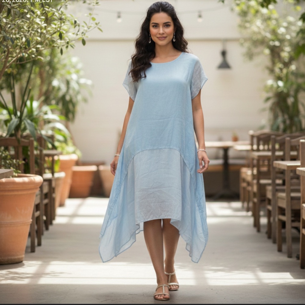 ❤️ NT by Amati Elegant Blue Layered Linen Silk Shark-Bite Tunic Dress Large
